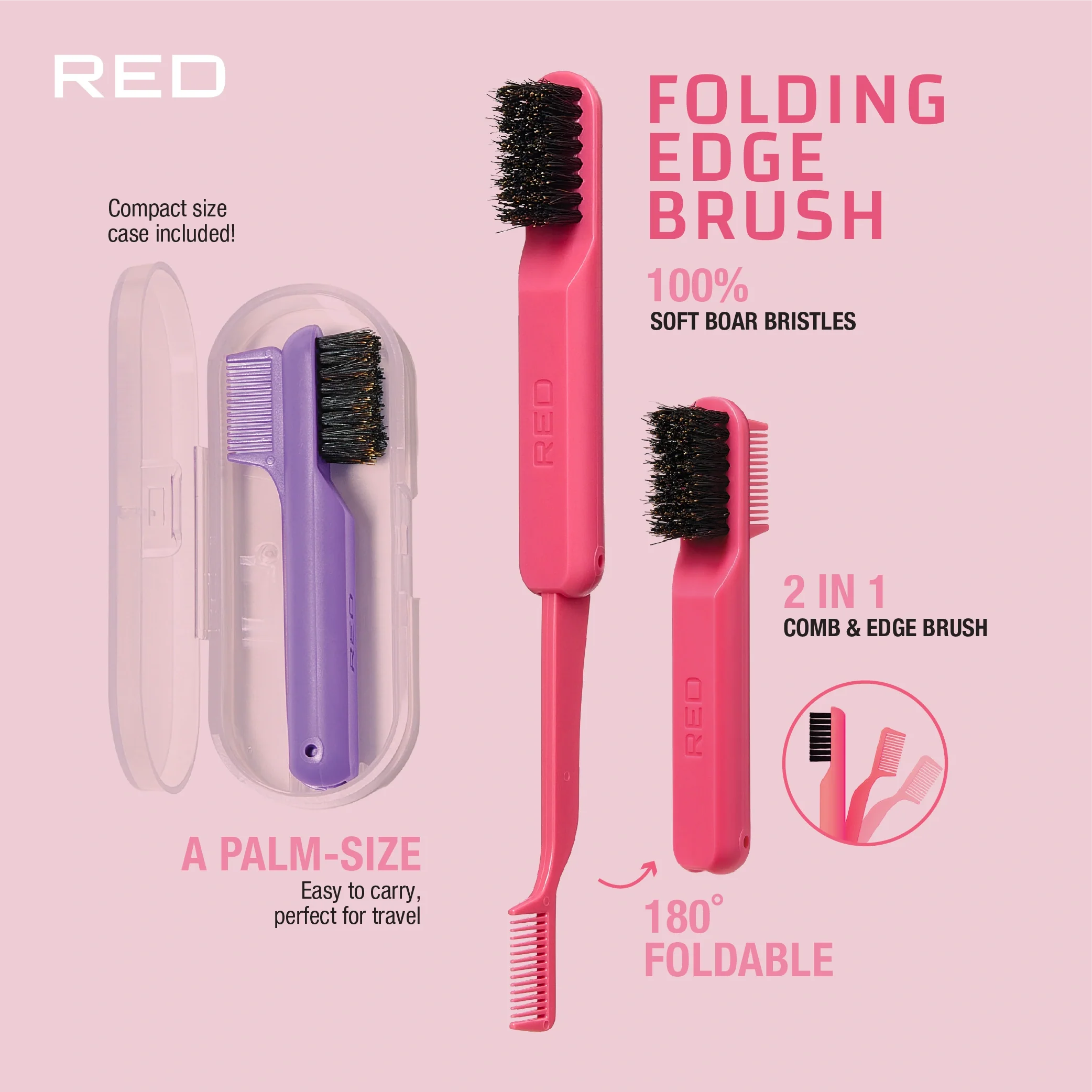 RED by KISS 2-in-1 Foldable Comb & Edge Brush w/ Travel Case - Image 5
